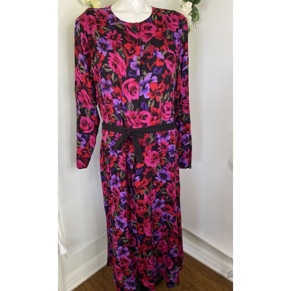 Darian Womens Size 18 Vintage Black‎ Pink Purple Floral Midi Dress Fit Flare Vtg
